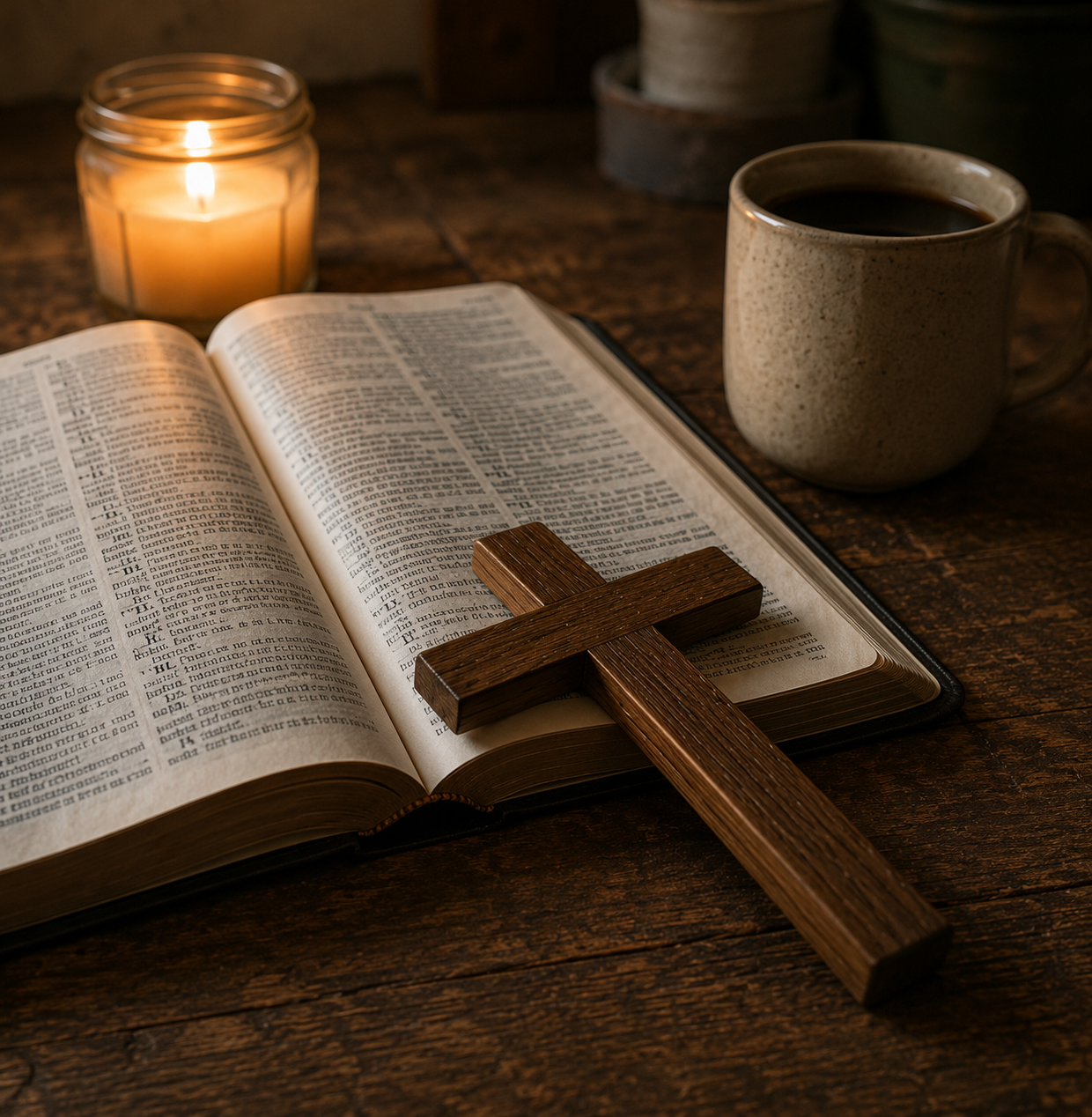 Open Bible with a wooden cross