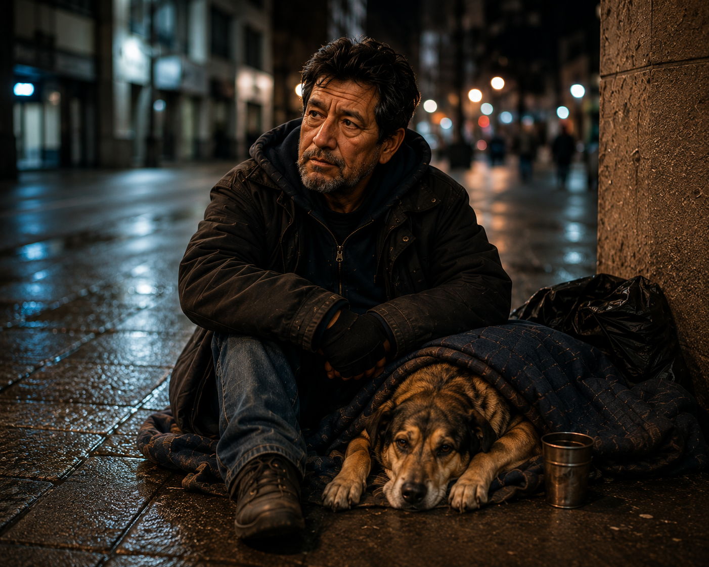 Ruben and his dog on a city sidewalk